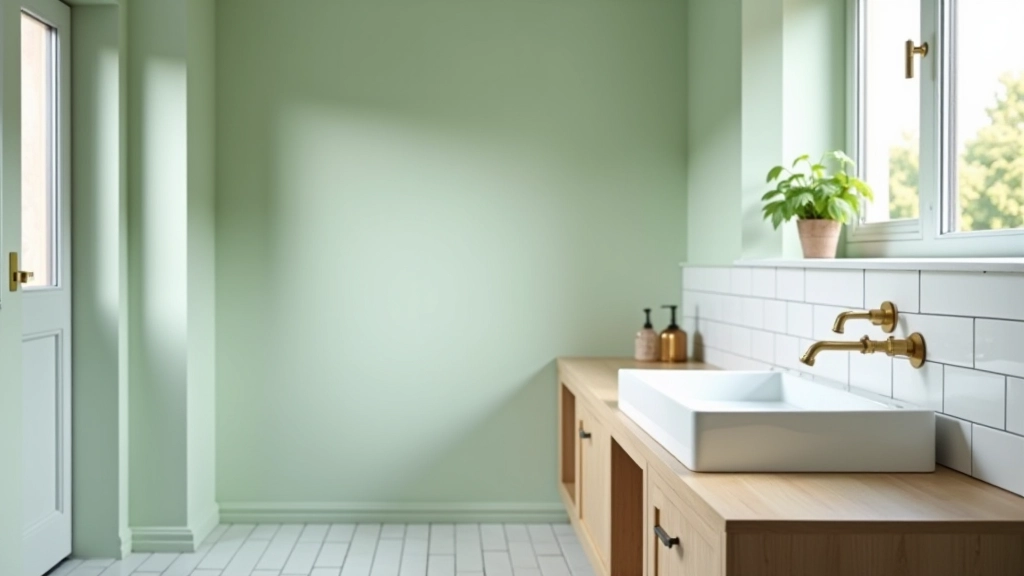 Interior of a renovated Irish cottage bathroom with soft green limewash walls, white ceramic tiles, and simple wooden vanity