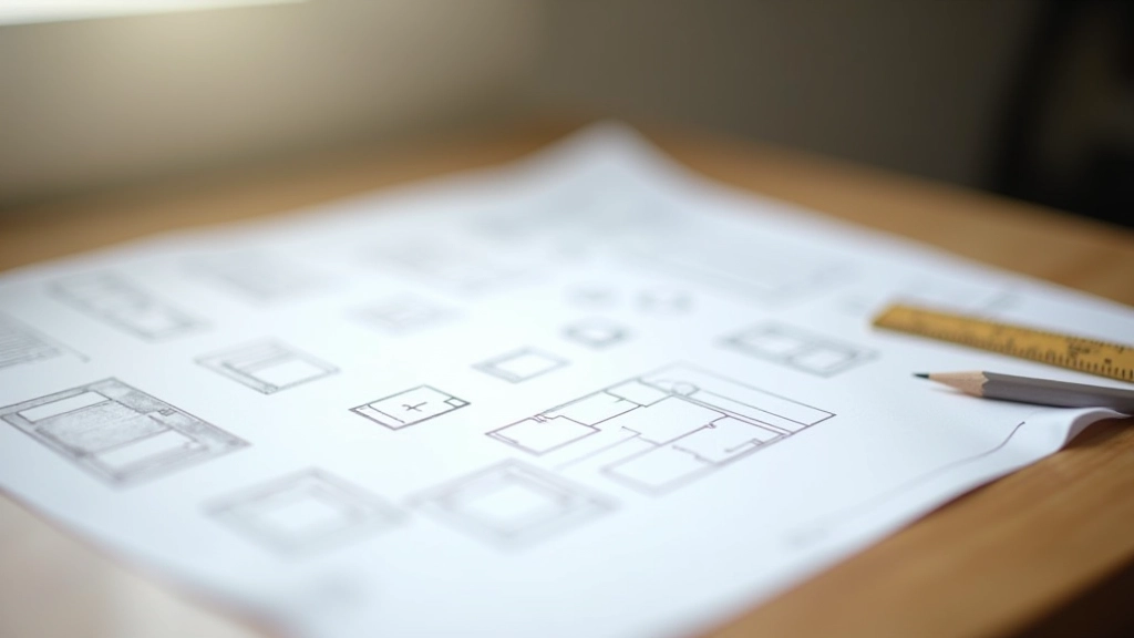 Bathroom renovation planning sketch with measurements and fixture placement layout on wooden desk with pencil and ruler
