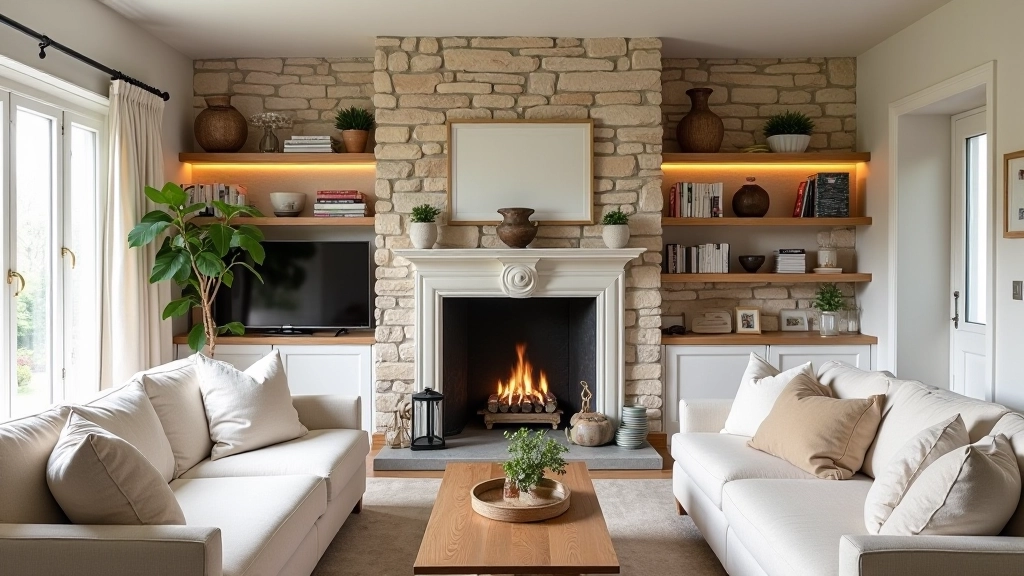 Living room interior blending modern minimalist design with traditional Irish cottage elements and warm textures