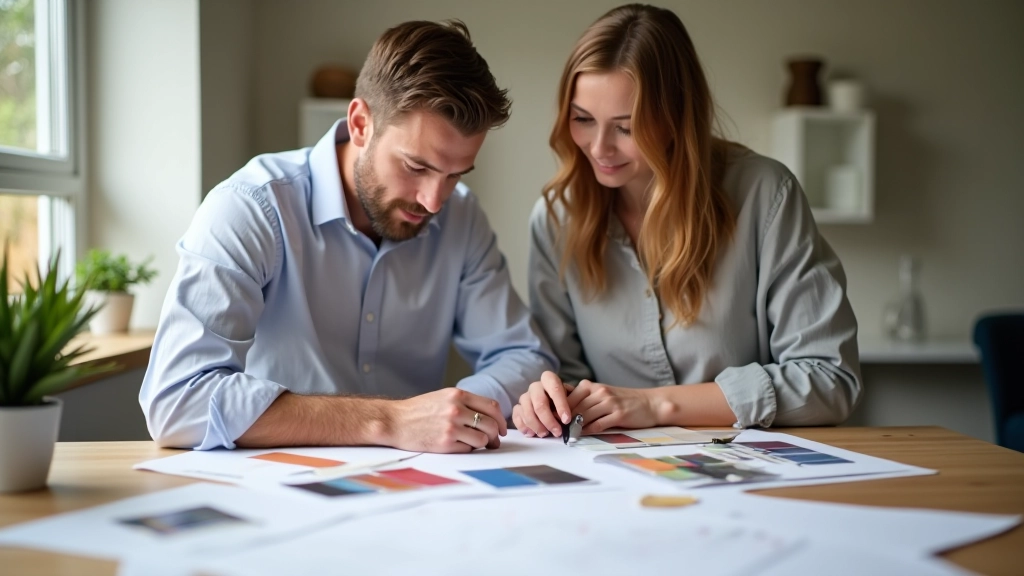 Design consultation showing renovation planning materials and colour swatches