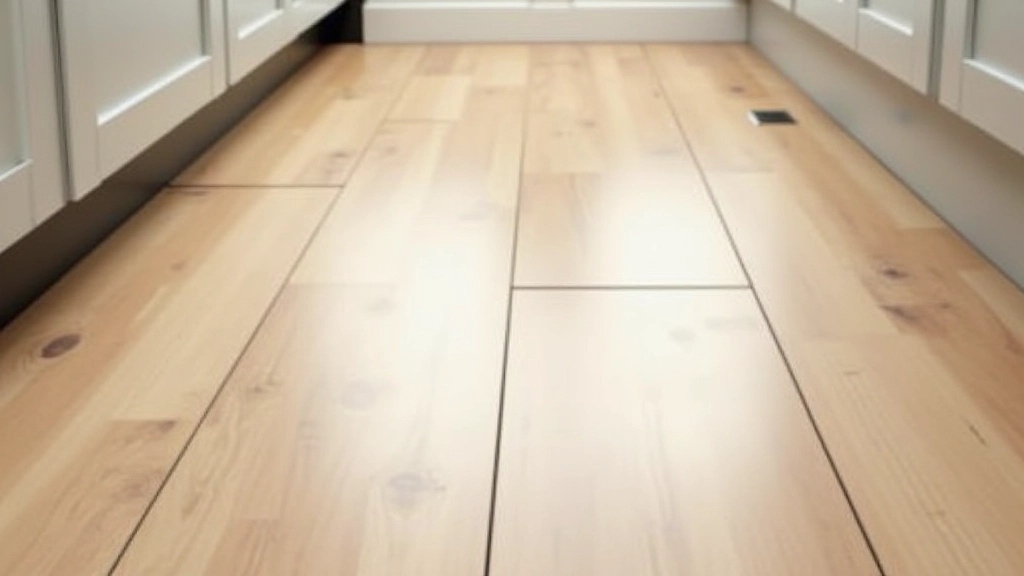 Light wood-effect kitchen flooring with warm tones and subtle grain pattern, kitchen cabinets visible above