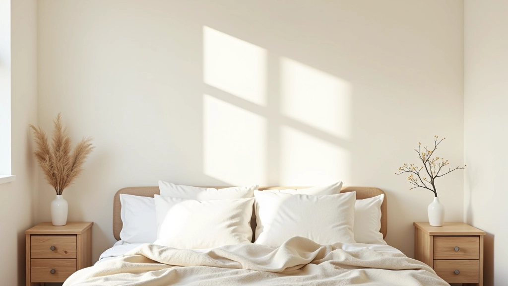 Modern minimalist bedroom with warm white walls, soft linen bedding, simple wooden furniture, and natural light from tall windows