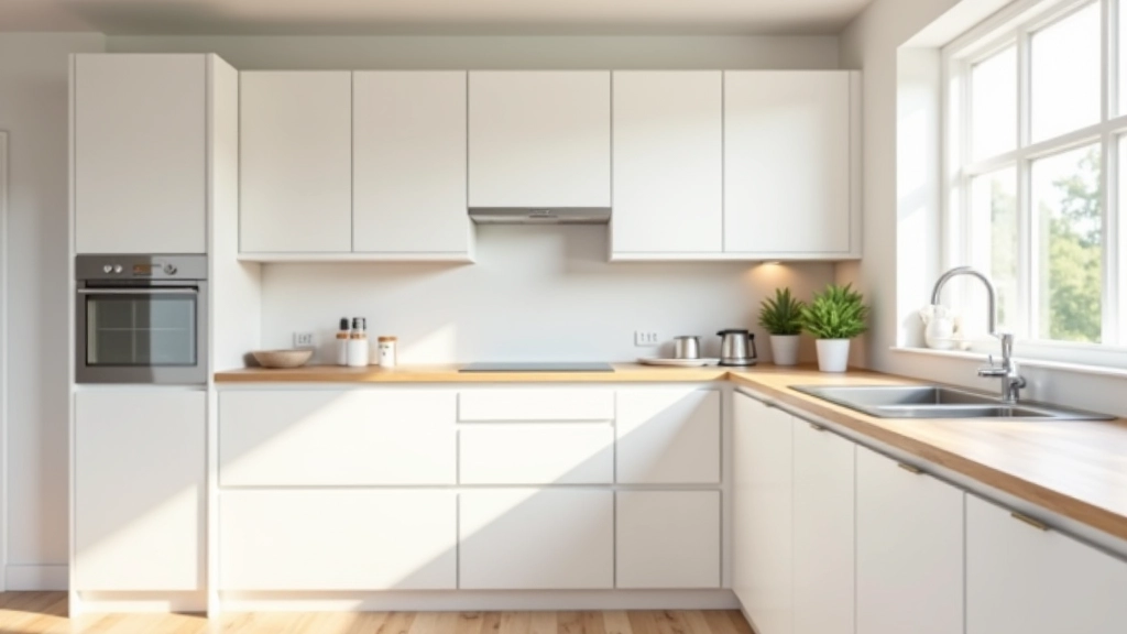 Modern kitchen cabinetry with soft white finish and integrated handles, bright natural light from window