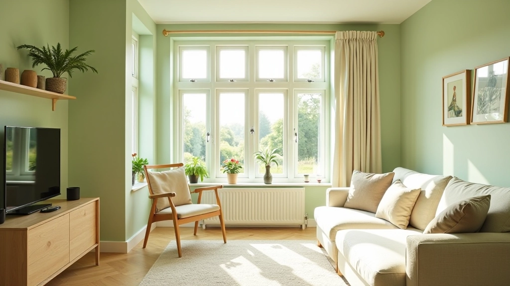 Bright morning light streaming through large windows into a minimalist living room with soft green walls and light wood furniture