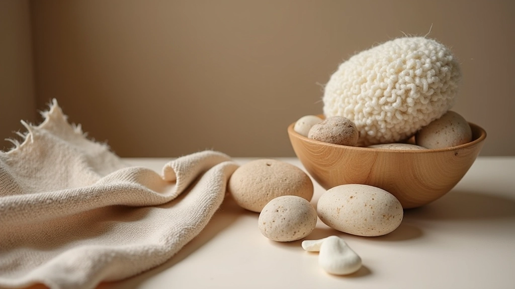 Selection of natural materials including wool, linen, wood, and stone arranged on a neutral surface showing sustainable design choices