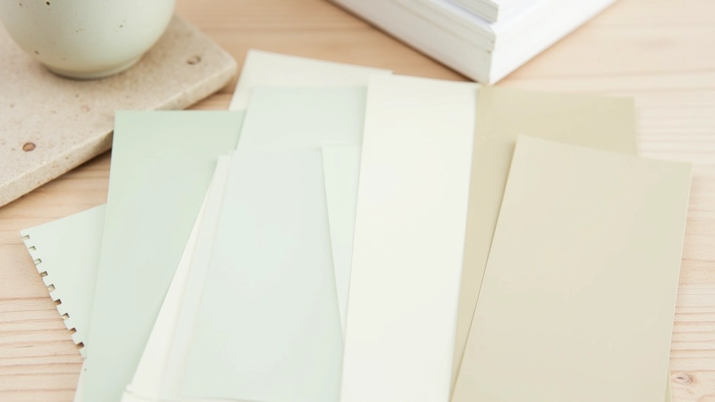 Interior paint colour swatches arranged showing soft greens, warm greys, creams, and muted blues beside samples of natural wood and stone materials