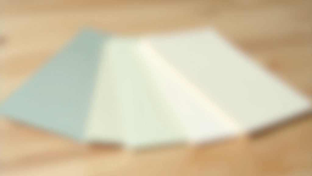 Close-up of paint colour samples and fabric swatches showing warm greens, soft greys, and cream tones arranged on wooden surface