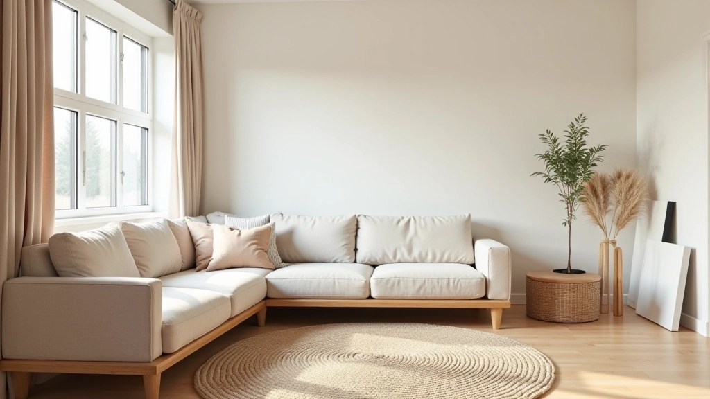 Minimalist living room with a few carefully chosen wooden furniture pieces, light upholstery, and a cosy textured rug creating warmth and comfort