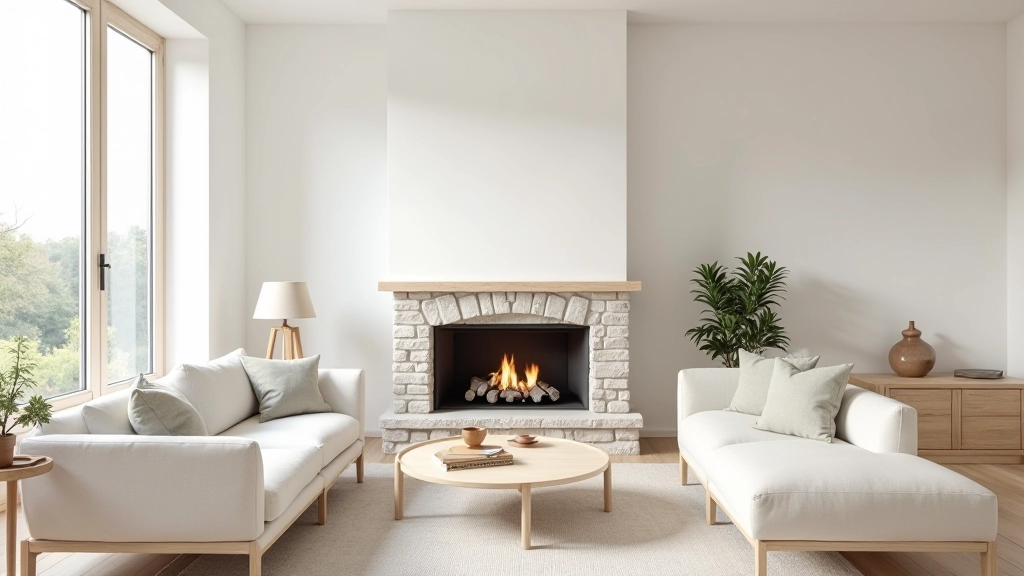 Modern Scandinavian-inspired living space with light wood furniture, minimal décor, and traditional Irish stone fireplace as focal point