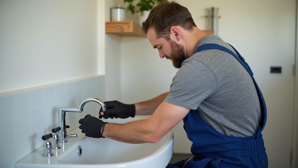 Plumber at work installing modern pipework and thermostatic valve in bathroom, tools laid out on workspace