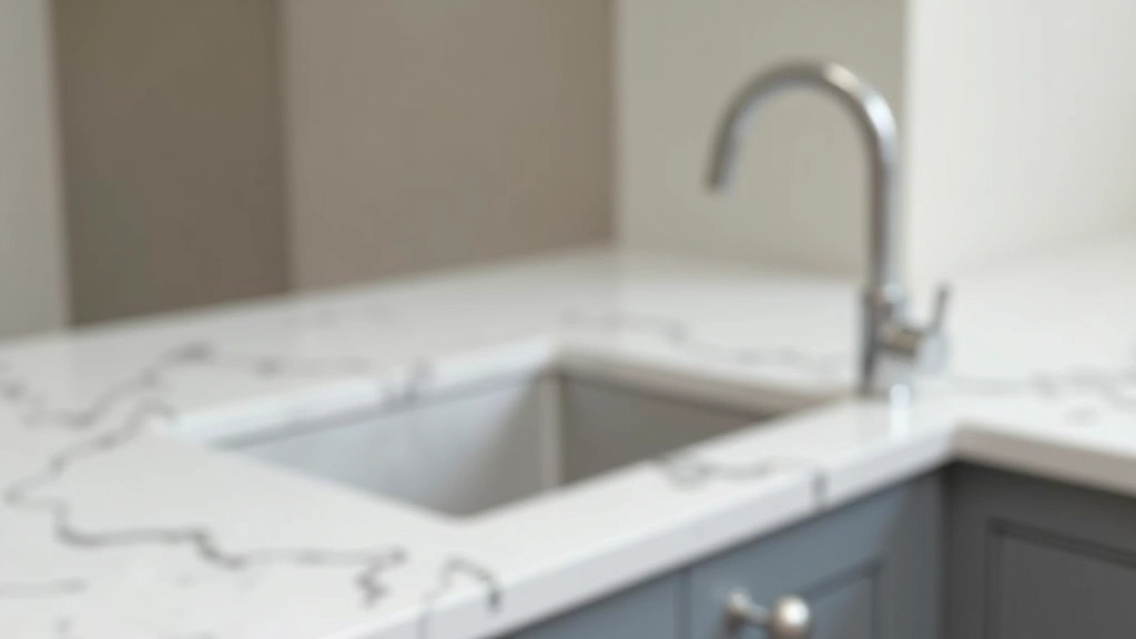 Stone countertop with warm natural tones next to stainless steel sink and modern faucet, even studio lighting