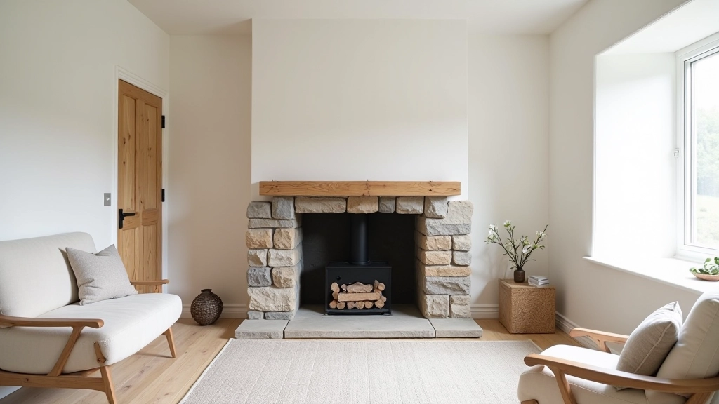 Rustic stone fireplace in a cottage living room with minimal modern furnishings, whitewashed walls, and a few carefully chosen decorative objects